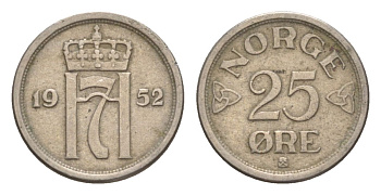 Норвегия 25 эре 1952 Хокон VII (1905-1957) KM 401 медно-никель 4632-1227
