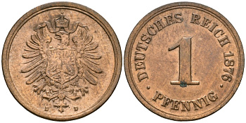 Германия 1 пфенниг 1876 D, Вильгельм I (1871-1888) KM 1, J. 1 медь aUNC 1525-142
