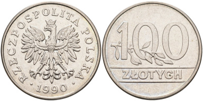 Польша 100 злотых 1990 MW, Демократическая Республика KM 214, Parchimowicz 602 медно-никель 4185-1021