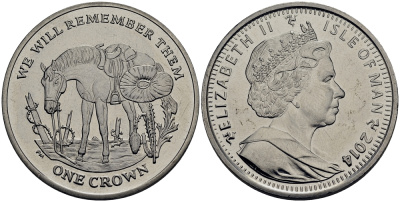 Остров Мэн 1 крона 2014 в память героев первой мировой войны, одинокая лошадь KM NEW медно-никель  UNC 4386-614