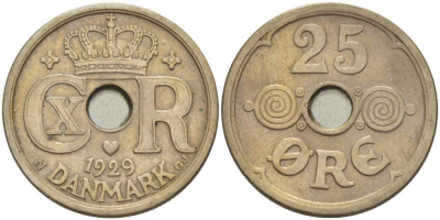 Дания 25 эре 1929 N ; GJ, Кристиан X (1912-1947) KM 823.2 медно-никель 4383-921