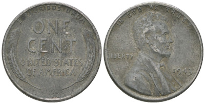 США 1 цент 1943 Авраам Линкольн KM 132 a сталь покрытая цинком 214-834