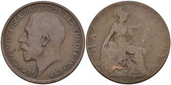 Великобритания 1/2 пенни 1917 Георг V (1910 - 1936) KM 809, Spink 4056 бронза 4153-751