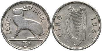 Ирландия 3 пенса 1963 заяц KM 12a медно-никель 4387-1042