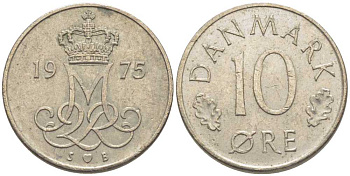 ДАНИЯ 10 ЭРЕ 1975 S; B, МАРГРЕТЕ II (1972-) KM 860.1 медно-никель 116-243