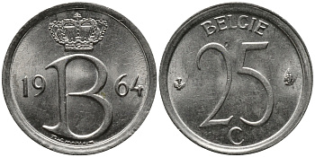 Бельгия 25 сантимов 1964 Belgie, Бодуэн I (1951-1993) KM 154.1 медно-никель 99-351