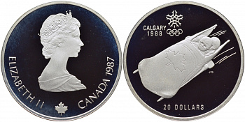 Канада 20 долларов 1986 XV зимние Олимпийские игры в Калгари 1988 года, бобслей KM 160 серебро PROOF 04-102-34