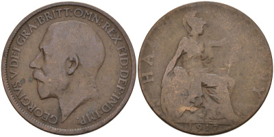 Великобритания 1/2 пенни 1917 Георг V (1910 - 1936) KM 809, Spink 4056 бронза 4153-751