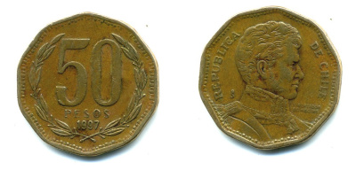 Чили 50 песо 1997 Бернардо О’Хиггинс KM 219.2 алюминиевая бронза 36-833