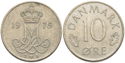 ДАНИЯ 10 ЭРЕ 1975 S; B, МАРГРЕТЕ II (1972-) KM 860.1 медно-никель 116-243