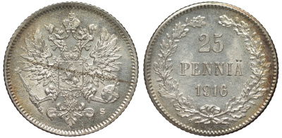 Россия для Финляндии 25 пенни 1916 S, Николай II (1894-1917) KM 6.2, Биткин 421 серебро 75-1312