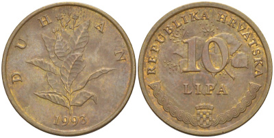 Хорватия 10 лип 1993 табак обыкновенный, легенда на хорватском KM 6 сталь плакированная латунью 186-421