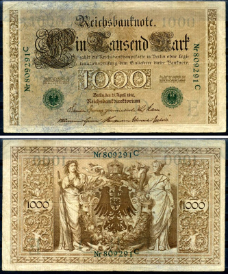 Германия 1000 марок 1910 21 апреля 1910, зеленая печать, номер шестизначный, серия C, буква E, выпуск АПРЕЛЬ - ИЮЛЬ 1918 Pick 45 a бумага 00-00