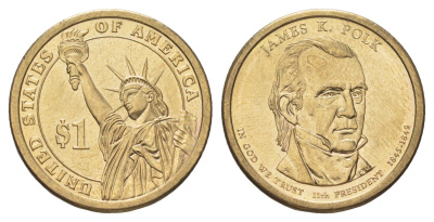 США 1 доллар 2009 P, Президент США - Джеймс Нокс Полк (1845-1849) KM 452 медь с марганцево-латунным покрытием UNC 4629-246