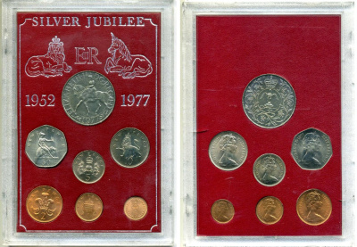 Великобритания набор из 7 монет 1977 25 лет правления Елизаветы (1952-1977), в пластиковой упаковке UNC 3-6-3-24
