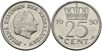 НИДЕРЛАНДЫ 25 ЦЕНТОВ 1950 ЮЛИАНА KM 183 никель 96-121