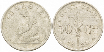 БЕЛЬГИЯ 50 САНТИМОВ 1923 BELGIE KM 88 никель 261-1128