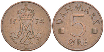 ДАНИЯ 5 ЭРЕ 1974 S; B, МАРГРЕТЕ II (1972-) KM 859.1 железо плакированное медью 214-535