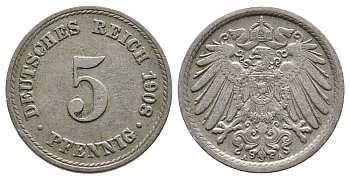Германия 5 пфеннигов 1908 A KM 11, Jager 12, Weege 6 медно-никель 4380-141