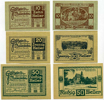 Австрия, Хайдерсхофен набор из 3 банкнот 10, 20, 50 геллеров 1920 31 декабря 1920, нотгельд, ярмарочная коммуна в земле Нижняя Австрия   бумага  UNC (пресс) 7555-24-2-2