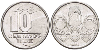 Бразилия 10 сентаво 1989 золотодобыча KM 613 нержавеющая сталь 112-513