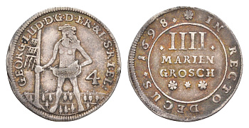Брауншвейг-Каленберг-Ганновер 4 мариенгроша 1698 дикарь, Георг I (1698-1727), из коллекции Ричарда Б. Смита Welter 2190 серебро 1525-531