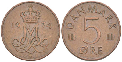 ДАНИЯ 5 ЭРЕ 1974 S; B, МАРГРЕТЕ II (1972-) KM 859.1 железо плакированное медью 214-535