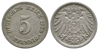 Германия 5 пфеннигов 1908 A KM 11, Jager 12, Weege 6 медно-никель 4380-141