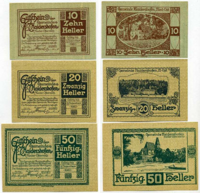 Австрия, Хайдерсхофен набор из 3 банкнот 10, 20, 50 геллеров 1920 31 декабря 1920, нотгельд, ярмарочная коммуна в земле Нижняя Австрия   бумага  UNC (пресс) 7555-24-2-2