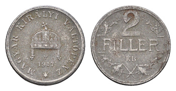 Венгрия 2 филлера 1917 KB, Карл I (1916-1918) KM 497 железо 4664-827