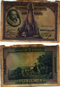 Испания 100 песет 1928 Мигель де Сервантес Сааведра, памятник Сервантесу, картина Дон Кихот Pick 76 а бумага 8609-36-2