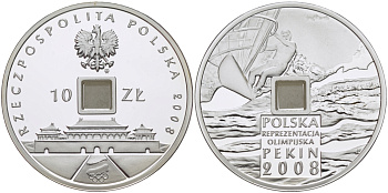 Польша 10 злотых 2008 XXIX Летние Олимпийские игры 2008 года в Пекине, виндсерфинг, стилизованная под старинный кэш KM 646 серебро PROOF 06-256-45