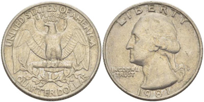 США 25 ЦЕНТОВ = КВОТЕР 1981 Р, ВАШИНГТОН KM А164а медь плакированная медно-никелем 217-1054