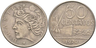 Бразилия 50 сентаво 1970 голова свободы влево KM 580а медно-никель 4126-623