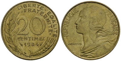 Франция 20 сантимов 1984 тип Marianne KM 930, Le Franс 156.24 медь алюминий никель 4135-622