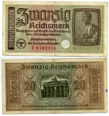 ГЕРМАНИЯ 20 РЕЙХСМАРОК 1940-1945 ДЛЯ ОККУПИРОВАННЫХ ТЕРРИТОРИЙ Pick R139 бумага 3295-65-3