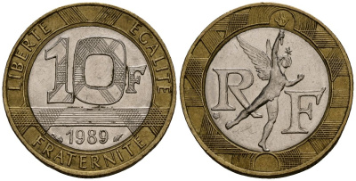 Франция 10 франков 1989 тип гений Бастилии KM 964.1, Le Franc 375.3 биметалл 4138-325