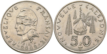 Французская Новая Каледония 50 франков 2009 хижина среди сосен и пальм, (IEOM) KM 13a, Schoen 15a, Lec 128i медно-никель 115-744