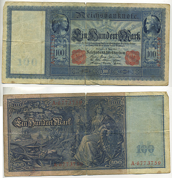 ГЕРМАНИЯ 100 МАРОК 1910 21 АПРЕЛЯ 1910, КРАСНАЯ СЕРИЯ Pick 42 бумага 6301-36-2