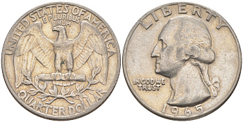 США 25 центов (квотер) 1965 Вашингтон KM 164a медь плакированная медно-никелем 08-541