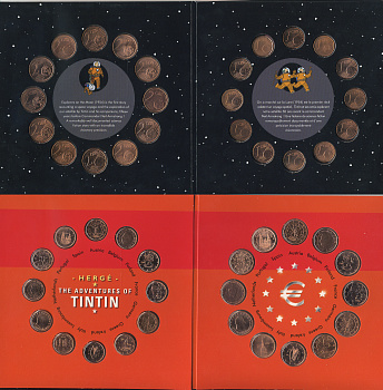 Бельгия набор из 24 монет + жетон 2004 50 лет первой ракете на Луне, TINTIN, 12 монет по 1 евроценту и 12 монет по 2 евроцента, тираж 10000 экз., жетон серебро, в оригинальном буклете, с сертификатом    UNC  1-5-3-21