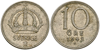 Швеция 10 эре 1942 G, Густав V (1907-1950) KM 813 серебро 4173-1268