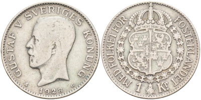Швеция 1 крона 1928 G, Густав V (1907-1950) KM 786.2 серебро 4385-315