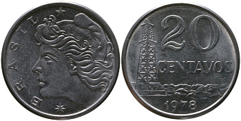 Бразилия 20 сентаво 1978 голова Свободы влево KM 579.1a, Schon 84b нержавеющая сталь aUNC 4577-1221