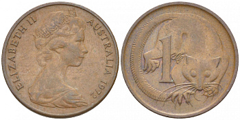 АВСТРАЛИЯ 1 ЦЕНТ 1972 ЕЛИЗАВЕТА II, МОЛОДОЙ ПОРТРЕТ, ОПОССУМ КМ 62 бронза 3851-1112