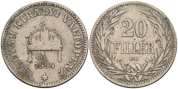 Венгрия 20 филлеров 1894 KB, Франц Иосиф I (1848-1916) KM 483 никель 4151-952