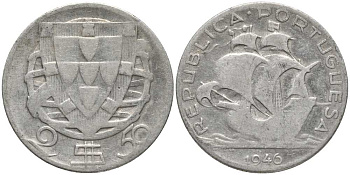 Португалия 2,50 эскудо 1946 парусник КМ 580 серебро 202-412
