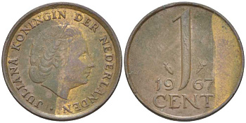 НИДЕРЛАНДЫ 1 ЦЕНТ 1967 ЮЛИАНА (1948-1980) KM 180 бронза 214-1038