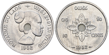 Лаос 10 центов 1952 король Сисаванг Вонг (1904-1959), женщина KM 4 алюминий  aUNC  4153-755