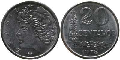 Бразилия 20 сентаво 1978 голова Свободы влево KM 579.1a, Schon 84b нержавеющая сталь aUNC 4577-1221